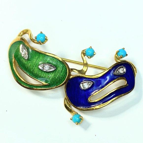 18KYG Diamond Turquoise Enamel Comedy & Tragedy Theatre Mask brooch 10.4g 1.75"x
